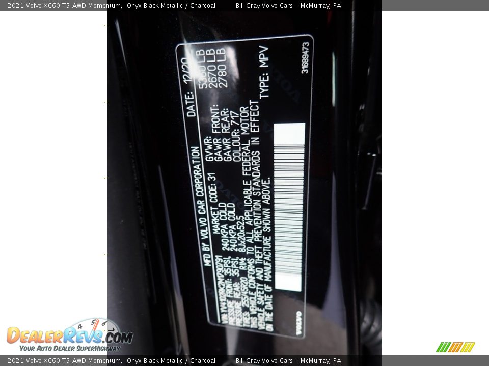 2021 Volvo XC60 T5 AWD Momentum Onyx Black Metallic / Charcoal Photo #11