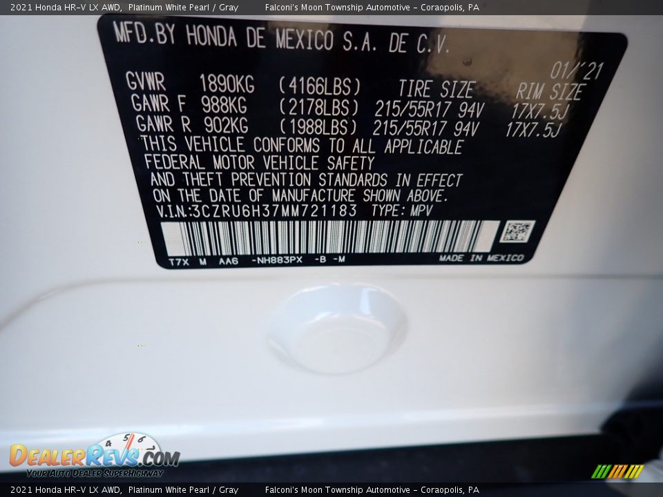 2021 Honda HR-V LX AWD Platinum White Pearl / Gray Photo #12