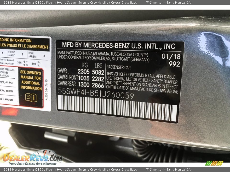 2018 Mercedes-Benz C 350e Plug-in Hybrid Sedan Selenite Grey Metallic / Crystal Grey/Black Photo #10