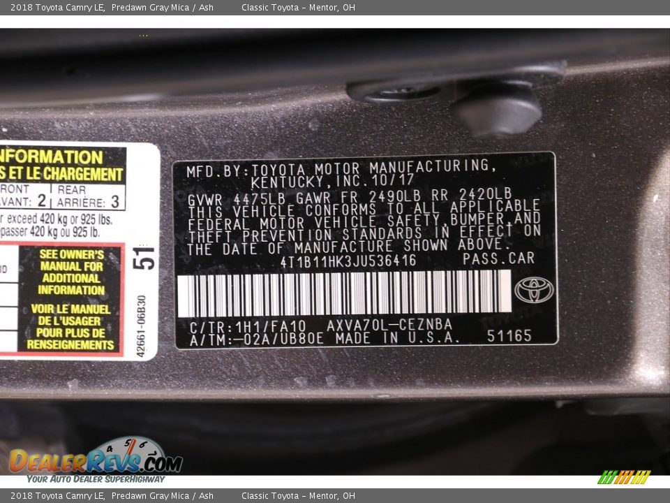 2018 Toyota Camry LE Predawn Gray Mica / Ash Photo #23