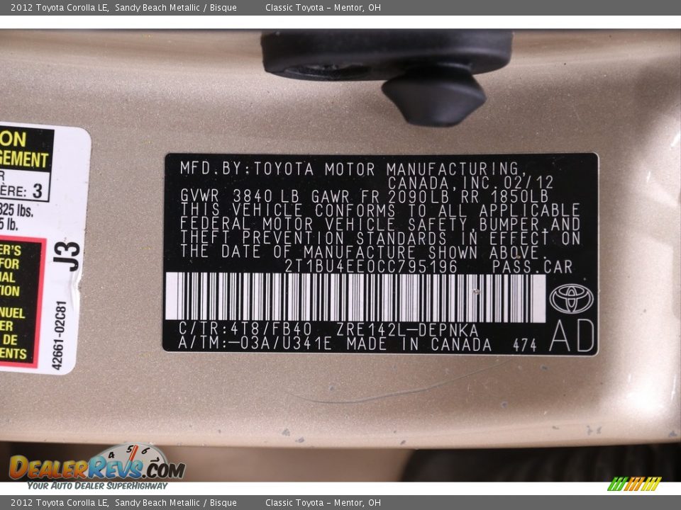 2012 Toyota Corolla LE Sandy Beach Metallic / Bisque Photo #18