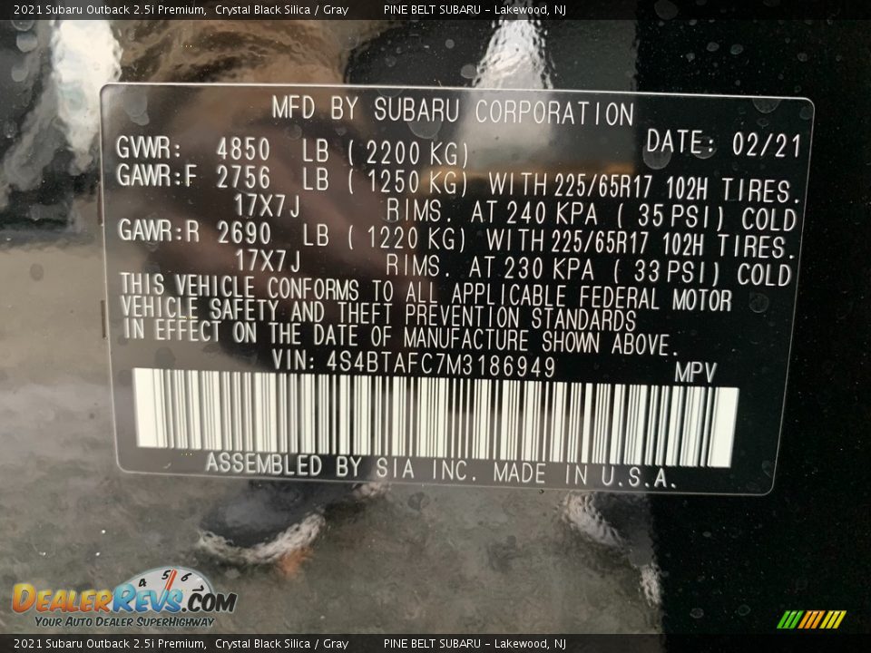 2021 Subaru Outback 2.5i Premium Crystal Black Silica / Gray Photo #14