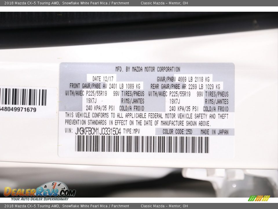 2018 Mazda CX-5 Touring AWD Snowflake White Pearl Mica / Parchment Photo #22