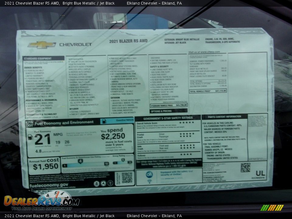 2021 Chevrolet Blazer RS AWD Window Sticker Photo #33