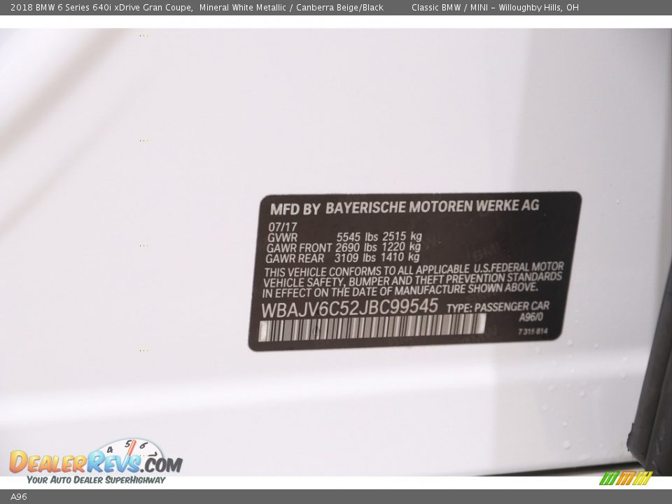 BMW Color Code A96 Mineral White Metallic