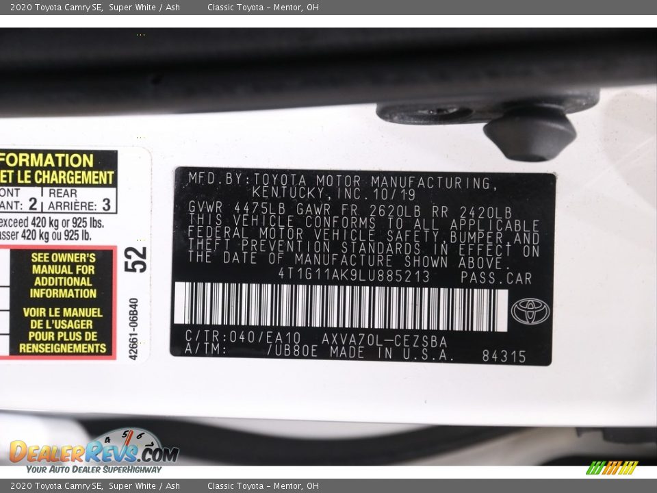 2020 Toyota Camry SE Super White / Ash Photo #22