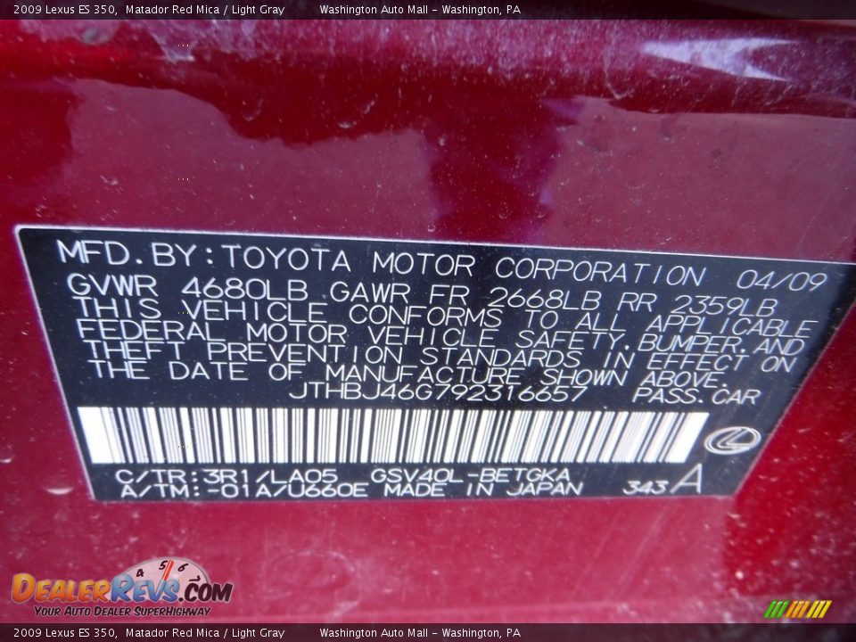 2009 Lexus ES 350 Matador Red Mica / Light Gray Photo #24