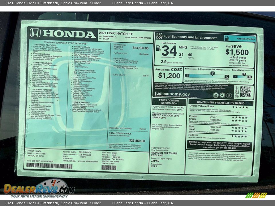 2021 Honda Civic EX Hatchback Window Sticker Photo #13