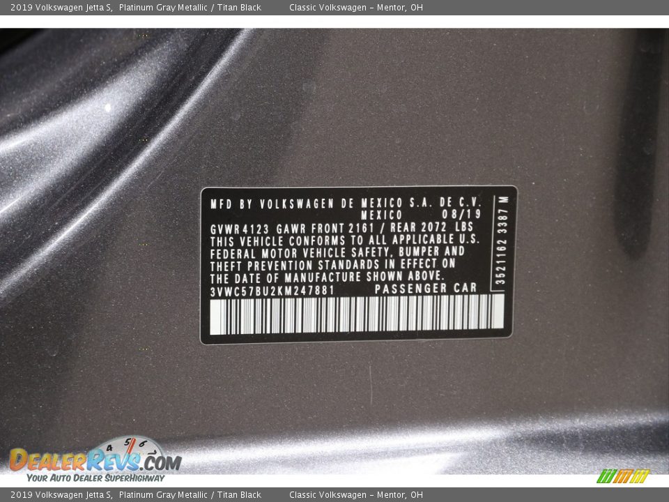 2019 Volkswagen Jetta S Platinum Gray Metallic / Titan Black Photo #20