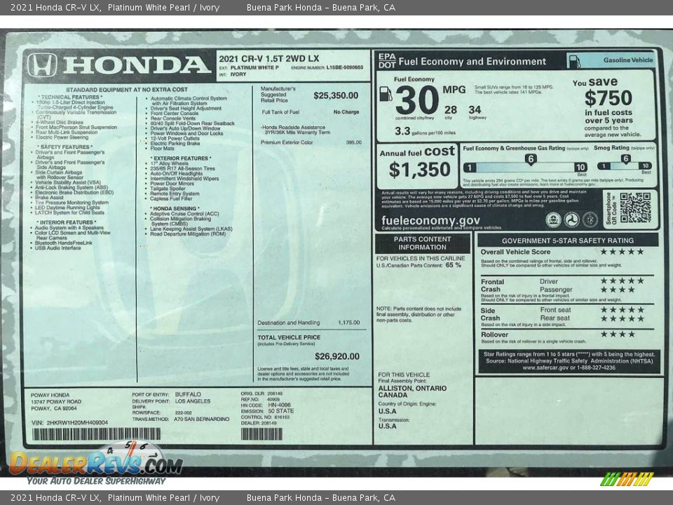 2021 Honda CR-V LX Window Sticker Photo #16