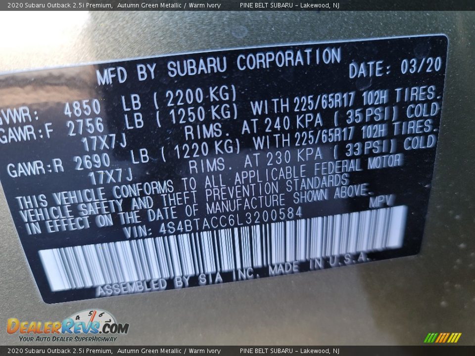 2020 Subaru Outback 2.5i Premium Autumn Green Metallic / Warm Ivory Photo #36