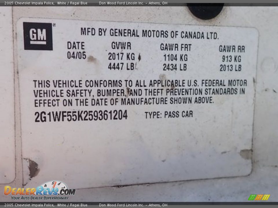 2005 Chevrolet Impala Police White / Regal Blue Photo #13