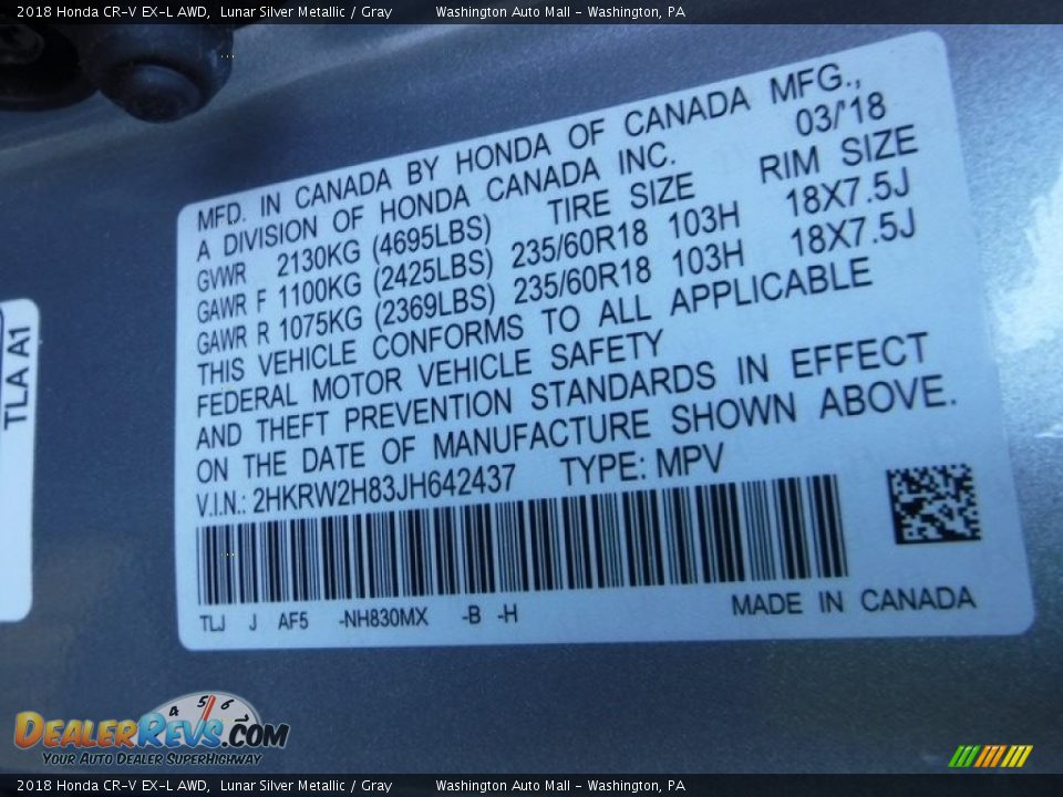 2018 Honda CR-V EX-L AWD Lunar Silver Metallic / Gray Photo #29