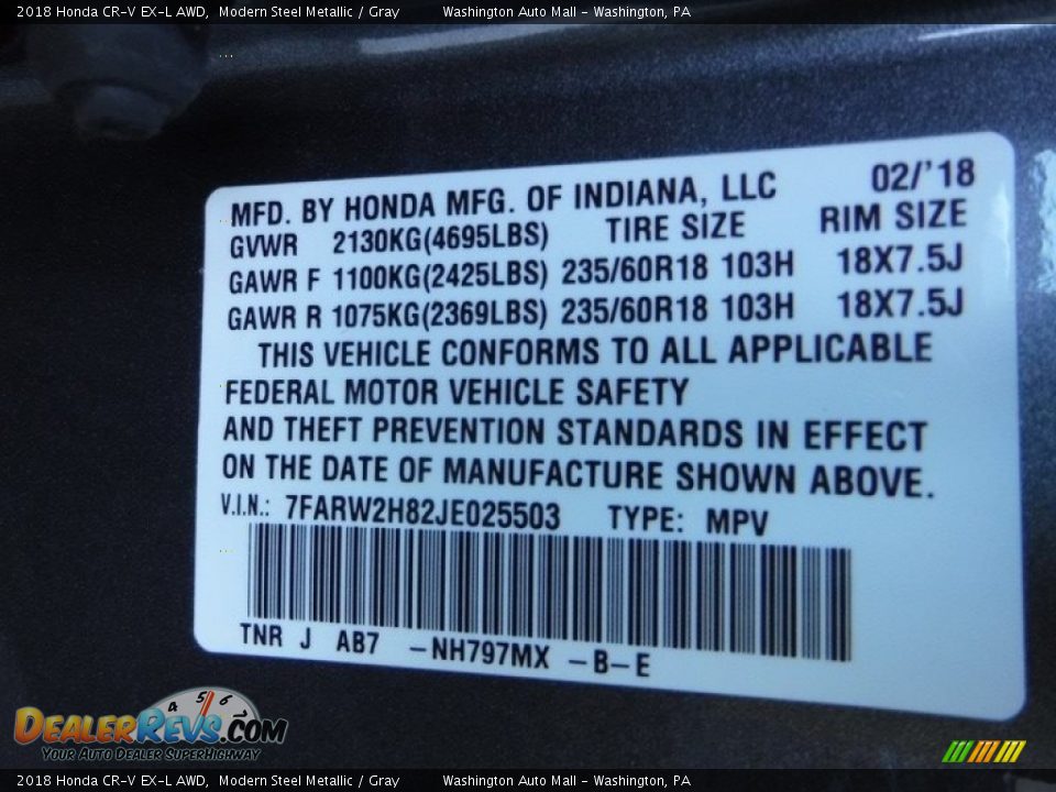 2018 Honda CR-V EX-L AWD Modern Steel Metallic / Gray Photo #30