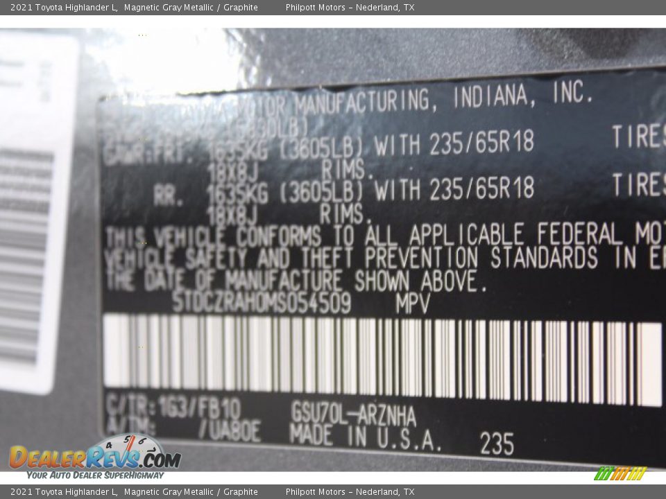 2021 Toyota Highlander L Magnetic Gray Metallic / Graphite Photo #24