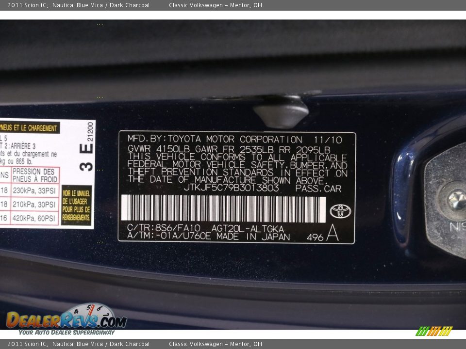 2011 Scion tC Nautical Blue Mica / Dark Charcoal Photo #18