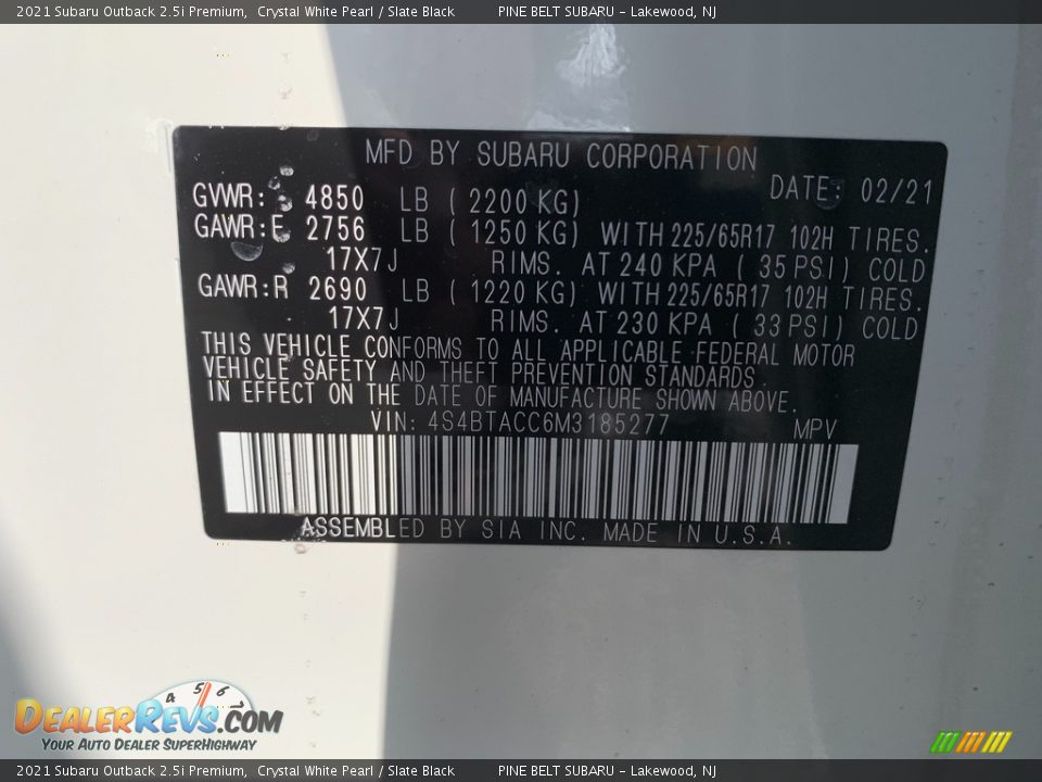2021 Subaru Outback 2.5i Premium Crystal White Pearl / Slate Black Photo #14