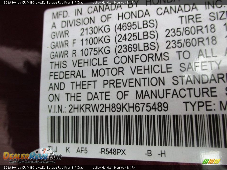 2019 Honda CR-V EX-L AWD Basque Red Pearl II / Gray Photo #19