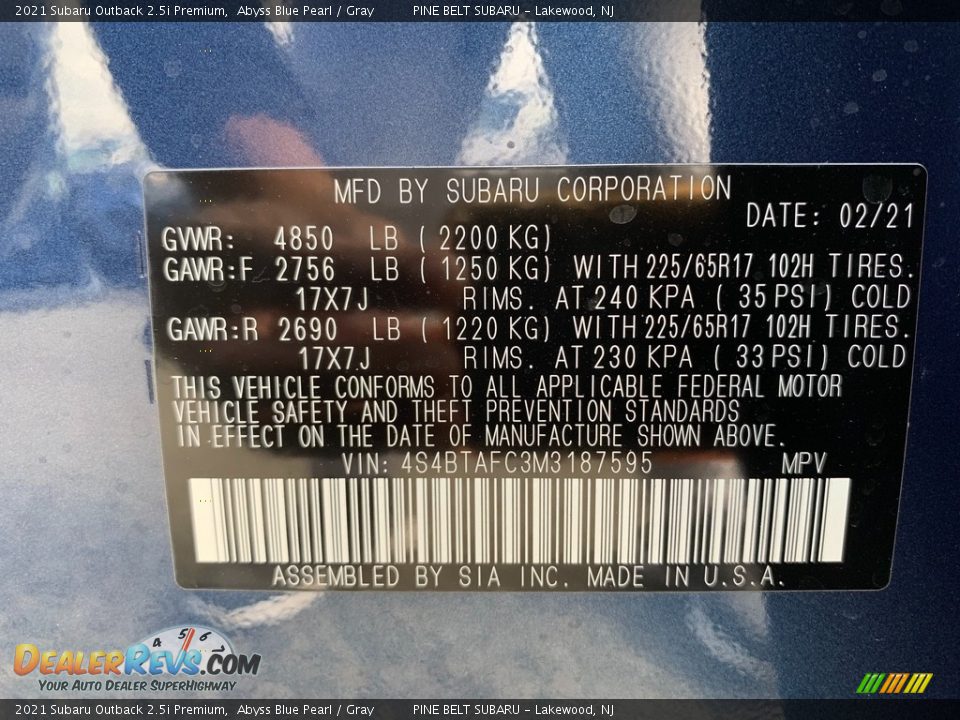 2021 Subaru Outback 2.5i Premium Abyss Blue Pearl / Gray Photo #14