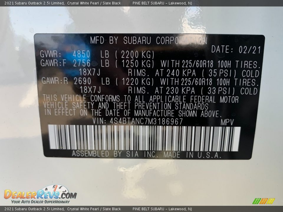 2021 Subaru Outback 2.5i Limited Crystal White Pearl / Slate Black Photo #14