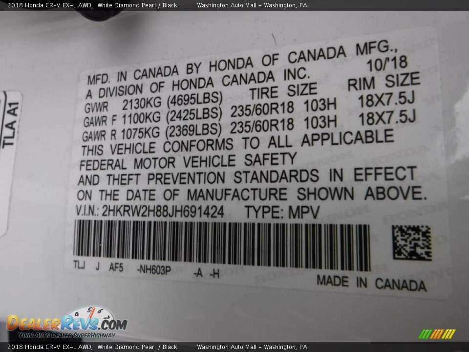 2018 Honda CR-V EX-L AWD White Diamond Pearl / Black Photo #29
