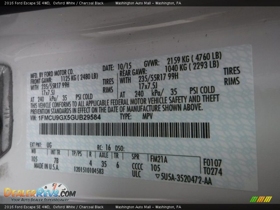2016 Ford Escape SE 4WD Oxford White / Charcoal Black Photo #27