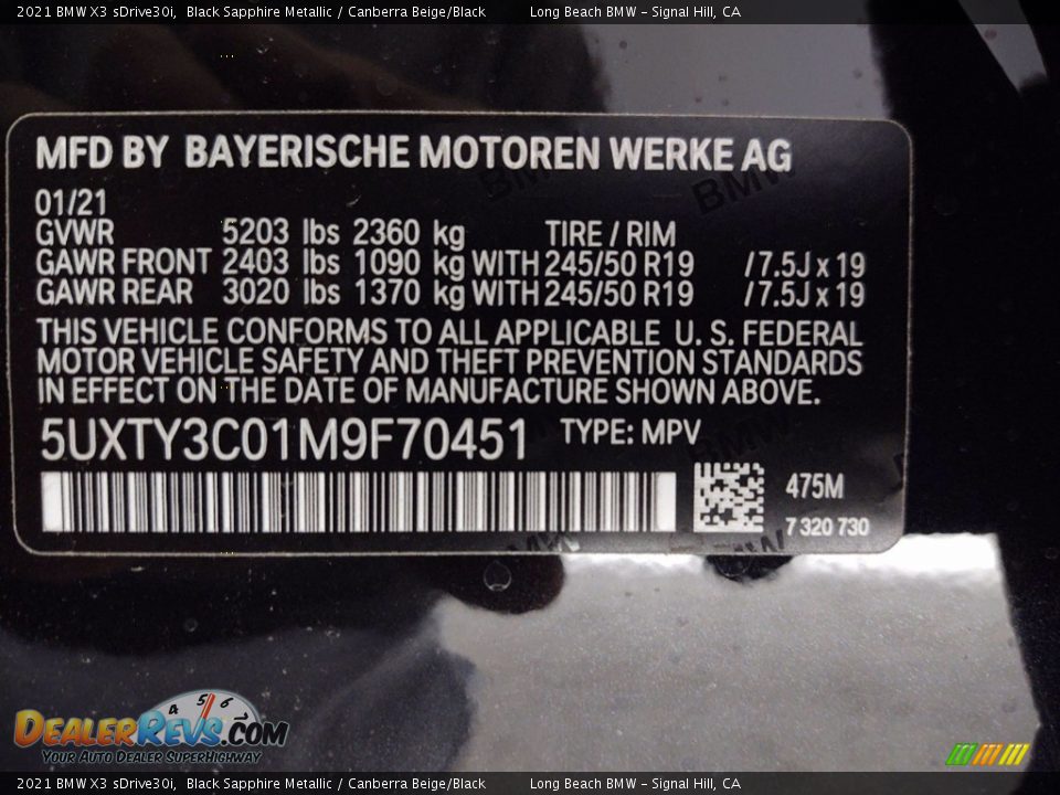 2021 BMW X3 sDrive30i Black Sapphire Metallic / Canberra Beige/Black Photo #26