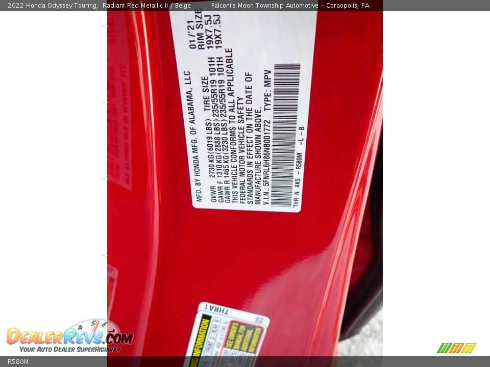 Honda Color Code R580M Radiant Red Metallic II