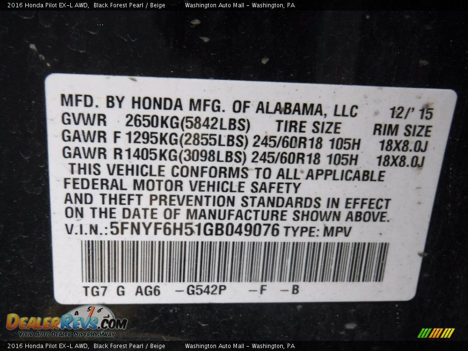 2016 Honda Pilot EX-L AWD Black Forest Pearl / Beige Photo #29