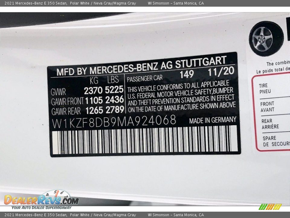 2021 Mercedes-Benz E 350 Sedan Polar White / Neva Gray/Magma Gray Photo #10