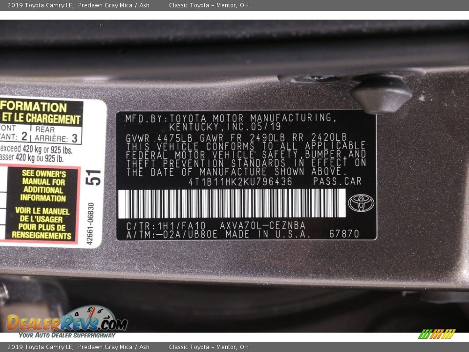 2019 Toyota Camry LE Predawn Gray Mica / Ash Photo #19