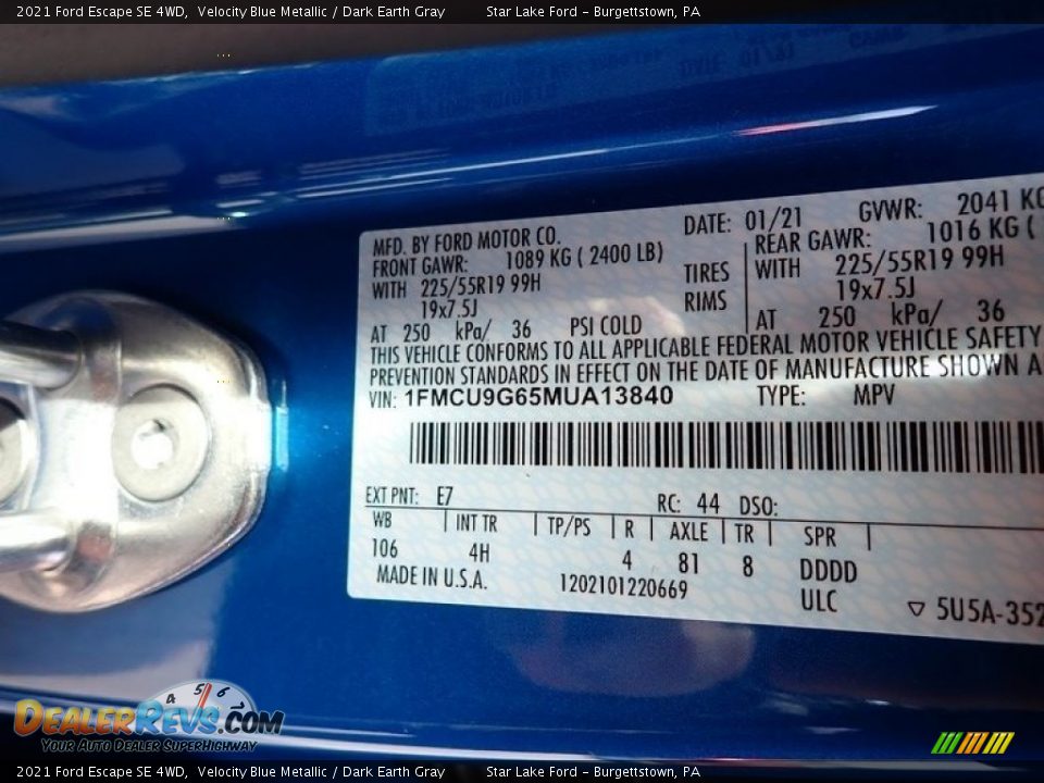 2021 Ford Escape SE 4WD Velocity Blue Metallic / Dark Earth Gray Photo #14