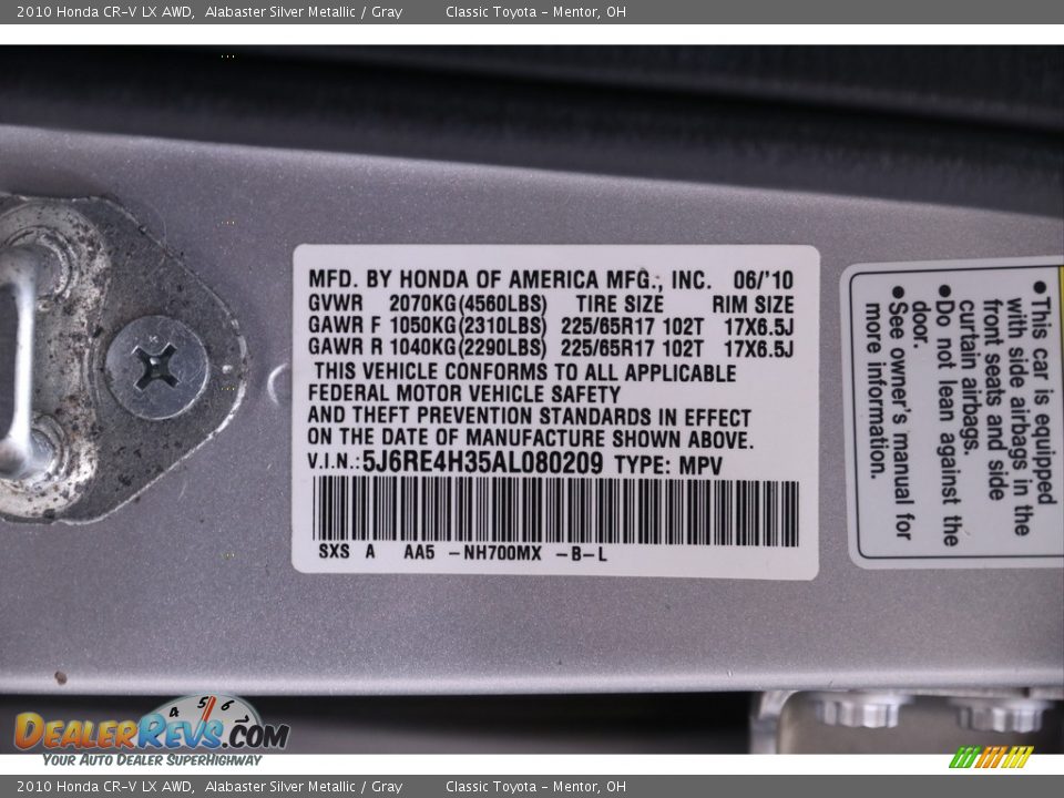 2010 Honda CR-V LX AWD Alabaster Silver Metallic / Gray Photo #16