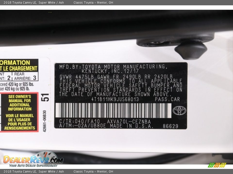 2018 Toyota Camry LE Super White / Ash Photo #20