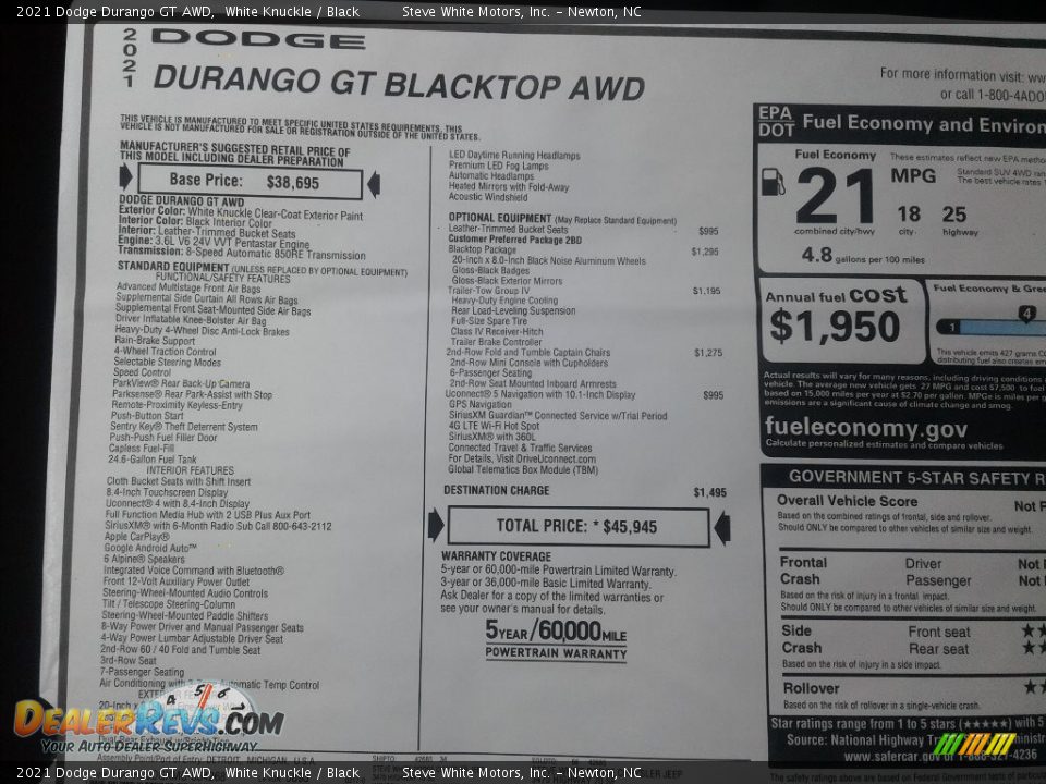2021 Dodge Durango GT AWD White Knuckle / Black Photo #26
