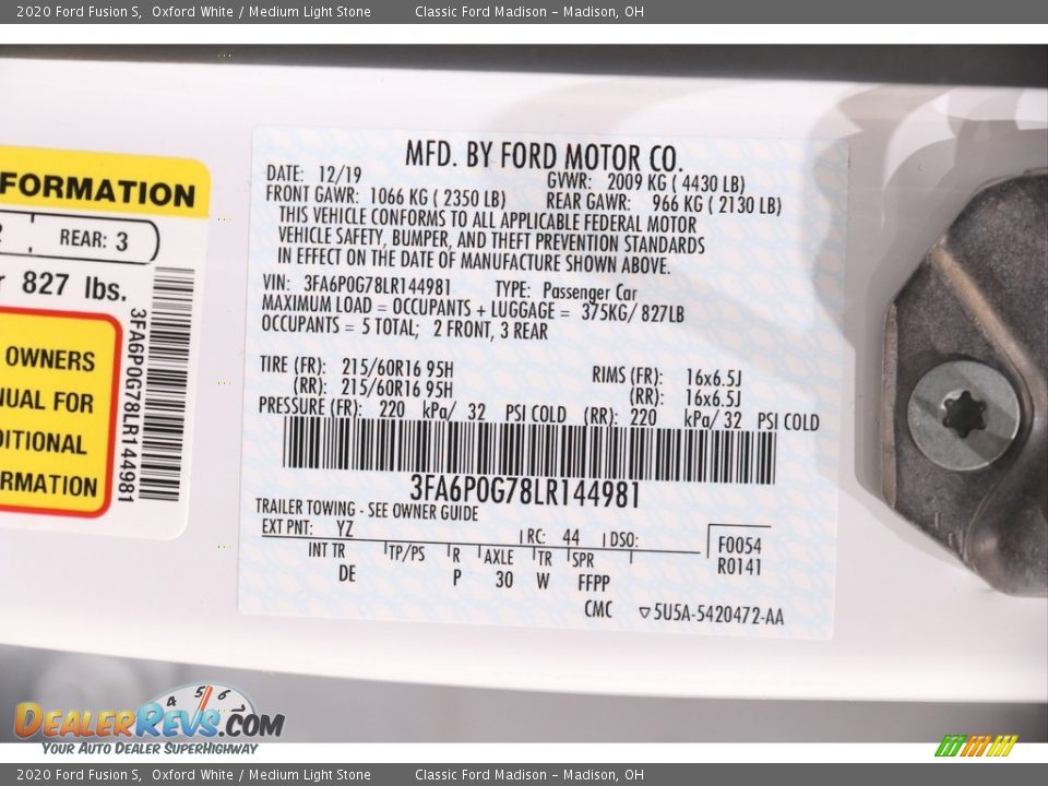 2020 Ford Fusion S Oxford White / Medium Light Stone Photo #20