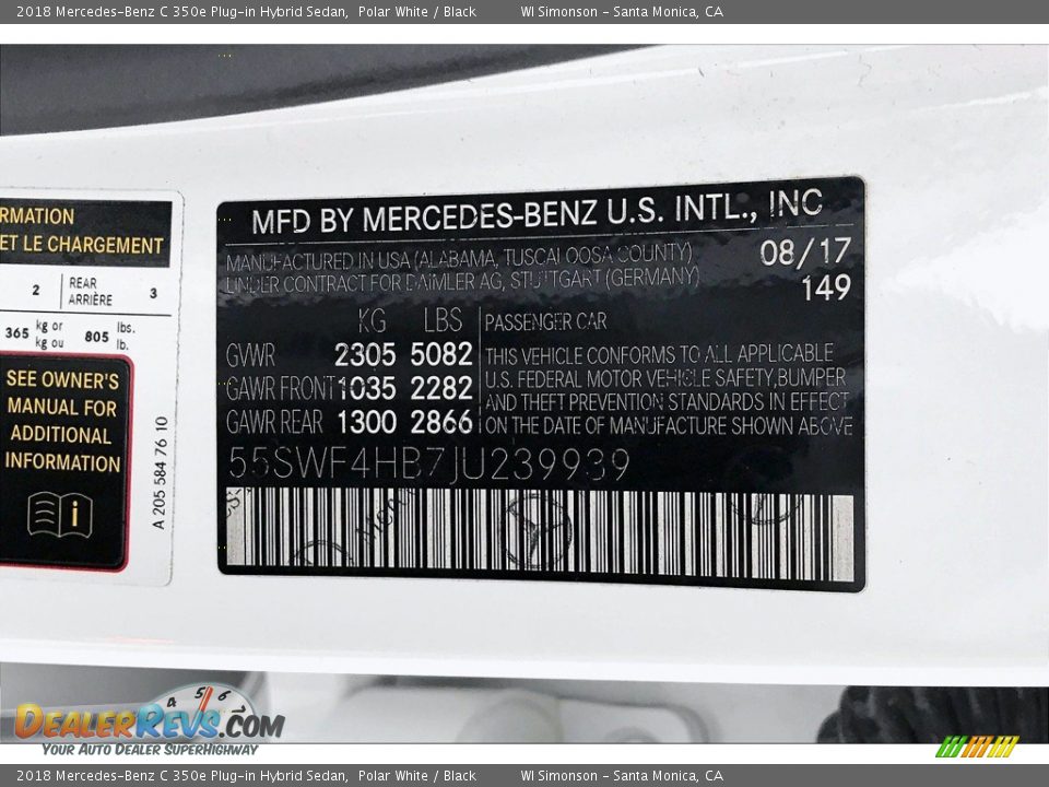 2018 Mercedes-Benz C 350e Plug-in Hybrid Sedan Polar White / Black Photo #33