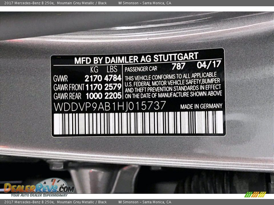 2017 Mercedes-Benz B 250e Mountain Grey Metallic / Black Photo #33