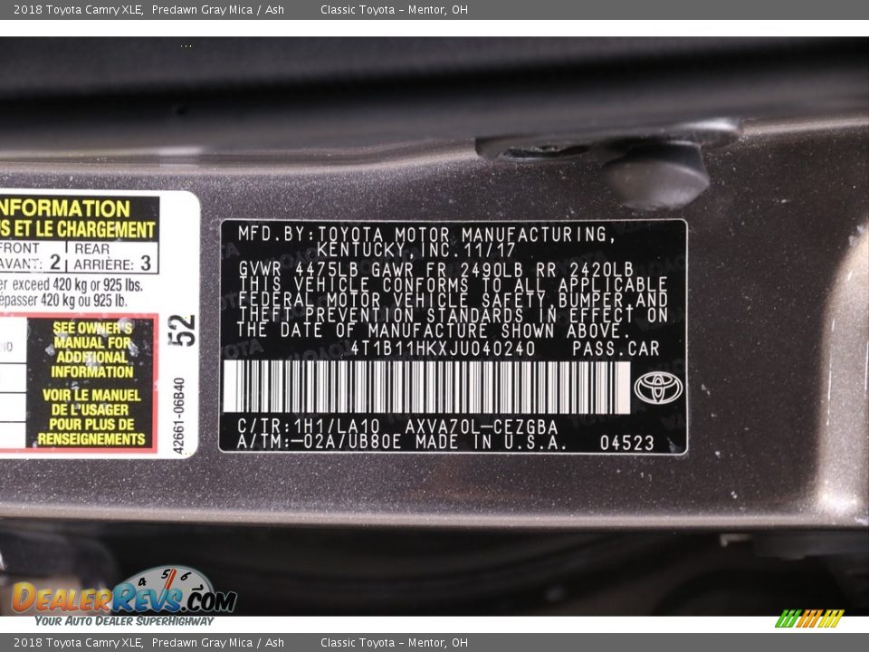 2018 Toyota Camry XLE Predawn Gray Mica / Ash Photo #21