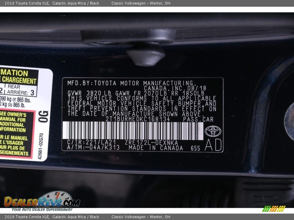 2019 Toyota Corolla XLE Galactic Aqua Mica / Black Photo #20