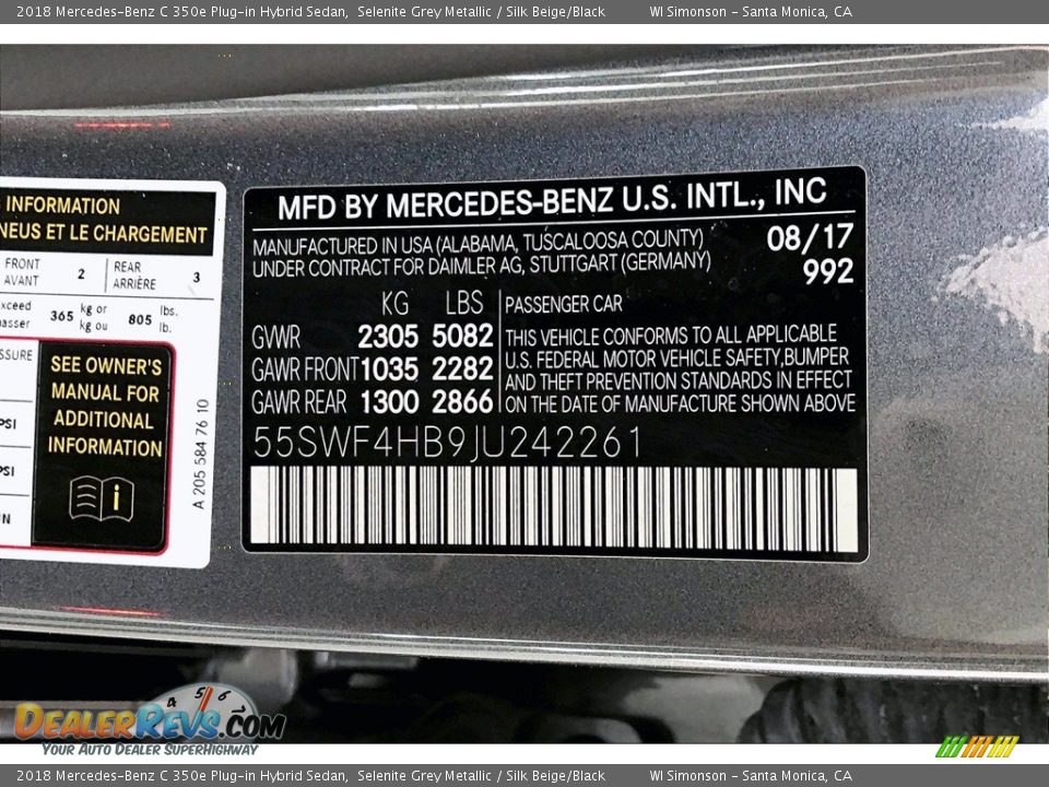 2018 Mercedes-Benz C 350e Plug-in Hybrid Sedan Selenite Grey Metallic / Silk Beige/Black Photo #33