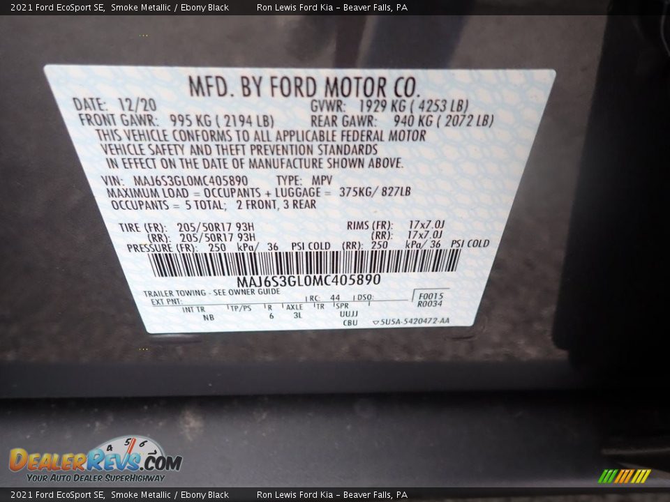 2021 Ford EcoSport SE Smoke Metallic / Ebony Black Photo #18