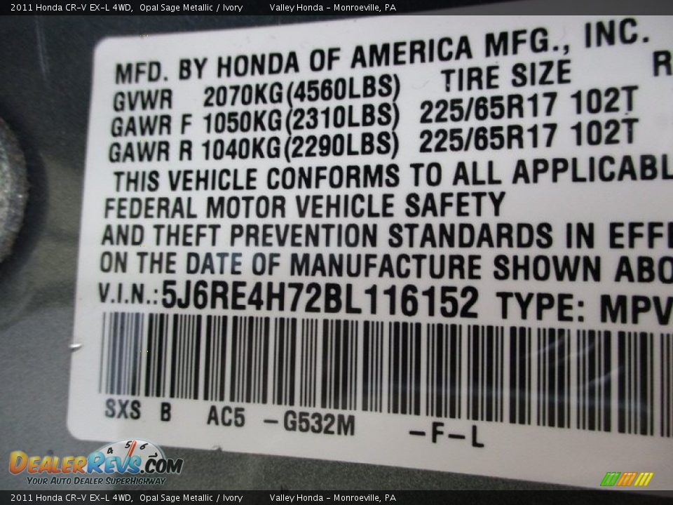 2011 Honda CR-V EX-L 4WD Opal Sage Metallic / Ivory Photo #19