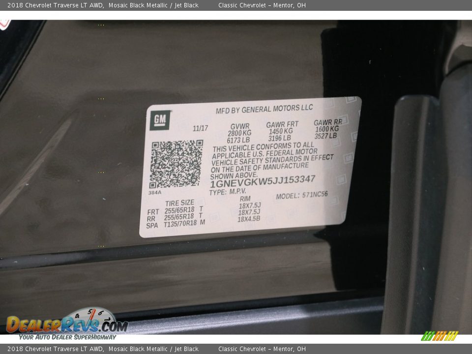 2018 Chevrolet Traverse LT AWD Mosaic Black Metallic / Jet Black Photo #22