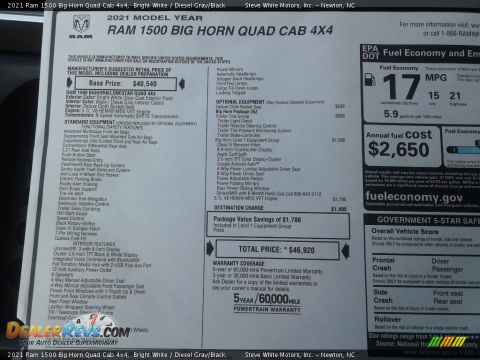 2021 Ram 1500 Big Horn Quad Cab 4x4 Bright White / Diesel Gray/Black Photo #30