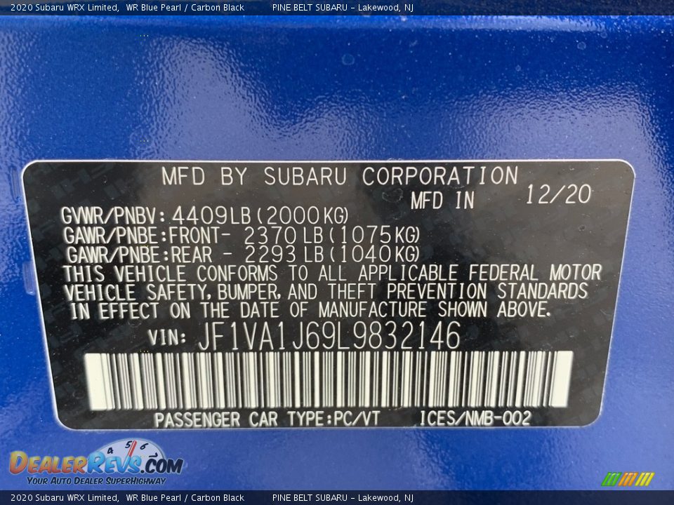 2020 Subaru WRX Limited WR Blue Pearl / Carbon Black Photo #14