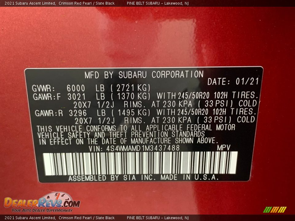 2021 Subaru Ascent Limited Crimson Red Pearl / Slate Black Photo #14