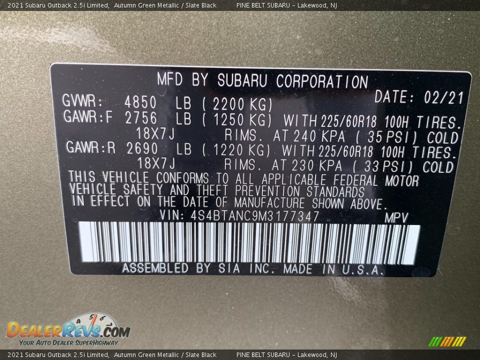2021 Subaru Outback 2.5i Limited Autumn Green Metallic / Slate Black Photo #14