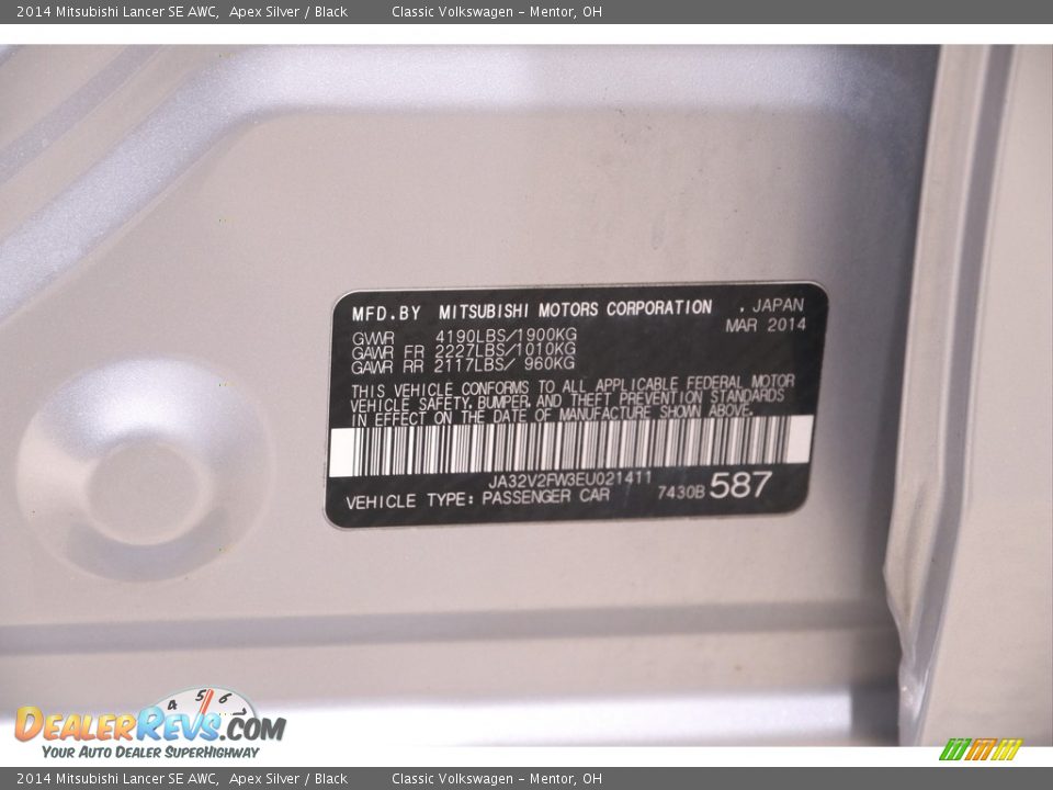 2014 Mitsubishi Lancer SE AWC Apex Silver / Black Photo #21