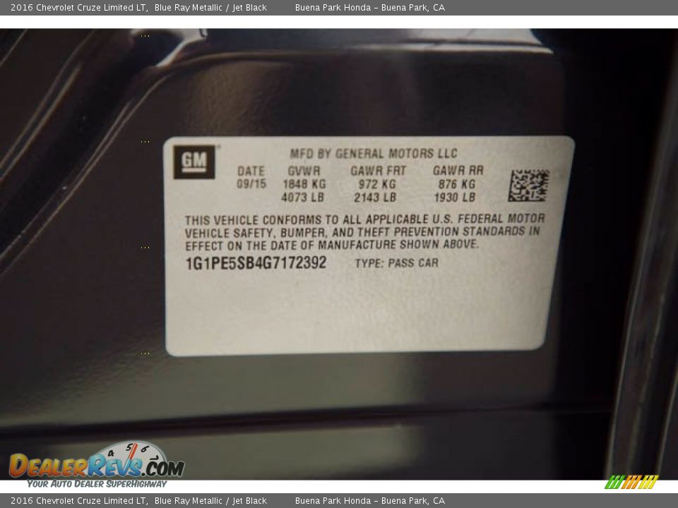 2016 Chevrolet Cruze Limited LT Blue Ray Metallic / Jet Black Photo #36